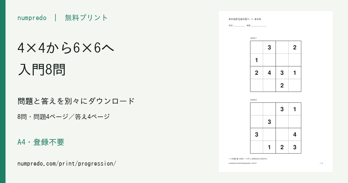 4×4から6×6へ・入門8問:8問・問題4ページ/答え4ページ。収録PDFの見本付き。
